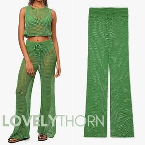 WE WORE WHAT // green crochet drawcord cover-up wide leg Danielle Bernstein